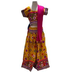 Women's Yellow & Pink Circle Design Indian Chanya Choli (M/L)